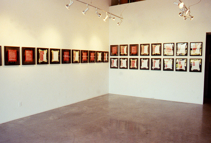2002 11 08 Indian Acts Indian Act Nadia Myre Beaded exhibition roll 2 016 installation shot showing southeast corner framed images